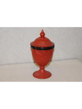 Vintage Encased Red Orange and Black Glass Candy Dish with Lid